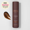 Tanning mousse bottle for dark tinted lasting tan, dark brown cap and maroon bottle
