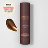 Tinted lasting tan mousse bottle with flip-top cap and cocoa-brown finish mark.